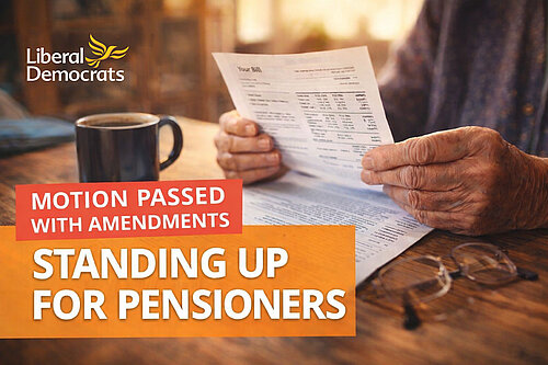 Campaign graphic showing an older person holding an energy bill at a kitchen table, with text reading “Motion passed with amendments” and “Standing up for pensioners.”